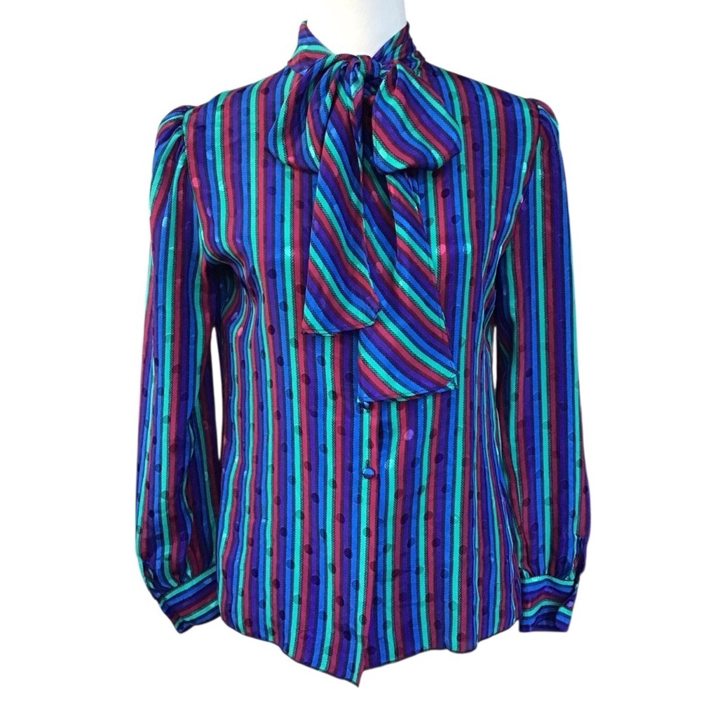 St John Vintage Striped Tie Neck Button Up Long Sleeve Blouse